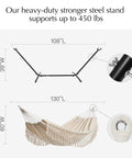 Diagram of handwoven tassel hammock with stand for outdoor use oversized double hammock holds up to 450 lbs, dimensions shown.