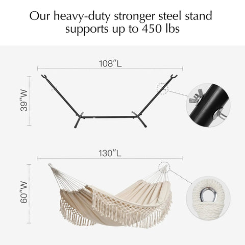 Diagram of handwoven tassel hammock with stand for outdoor use oversized double hammock holds up to 450 lbs, dimensions shown.