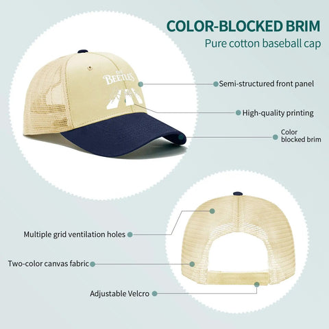 Cool Bugs Baseball Hat For Men And Women Trucker Cap with ventilated top air holes, beige front, navy brim, mesh back design