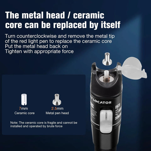 Visual fault locator VFL handheld fiber optic tester with metal pen head and ceramic core (front view)