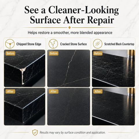 Before and after images showing surface repairs using Black Tub And Tile Repair Kit 5.6 Oz Epoxy Putty For Bathtub And Countertop Restoration Color Matched For Porcelain Fiberglass Marble Granite Waterproof DIY Fix Cracks Chips Scratches Like A Pro.