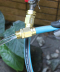 Five Eighths Inch Garden Hose Connector Repair Fittings Set Heavy Duty Aluminum End Hose Mender connected to blue garden hose