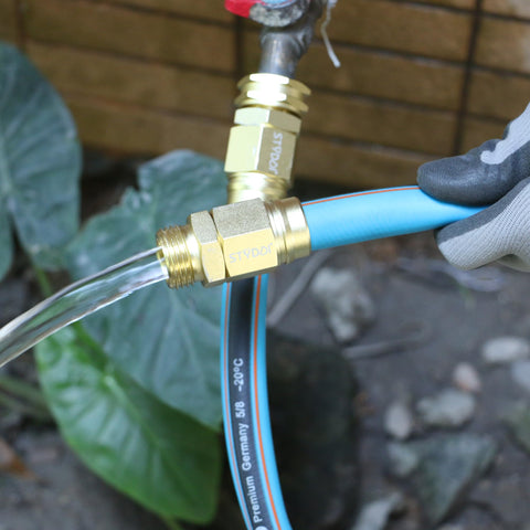 Five Eighths Inch Garden Hose Connector Repair Fittings Set Heavy Duty Aluminum End Hose Mender connected to blue garden hose