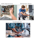 Collage showing HVAC maintenance, refrigerator repair, and handmade DIY workshop scenes.