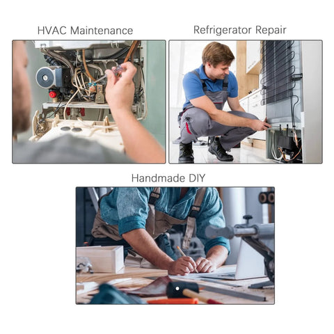 Collage showing HVAC maintenance, refrigerator repair, and handmade DIY workshop scenes.