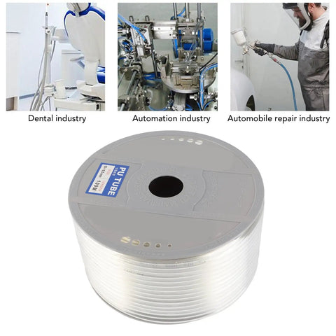 Hella Flexible Transparent Pu Air Hose With Ultra Soft Pneumatic Tubing 10mm Outer Diameter And 6 5mm Inner Bore For Air Compressors, shown coiled and used in various industries.