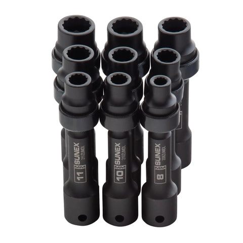 Limited Clearance 1/2 Inch Drive Socket Set, 12 Point, 9 Piece, Metric 8mm To 17mm, Cr-Mo Steel, shown arranged vertically