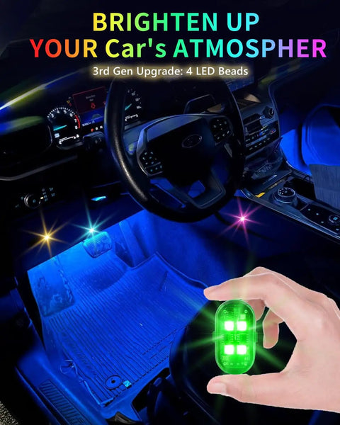 Upgraded 4 Pack Wireless LED Strobe Lights For Car Interior With 8 Color RGB Lit Mood Lighting Remote Control in use