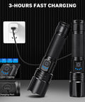 Two Rechargeable Flashlights 99000 Lumens Super Bright LED with USB charging, power display, and fast charge text in background.