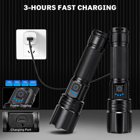 Two Rechargeable Flashlights 99000 Lumens Super Bright LED with USB charging, power display, and fast charge text in background.