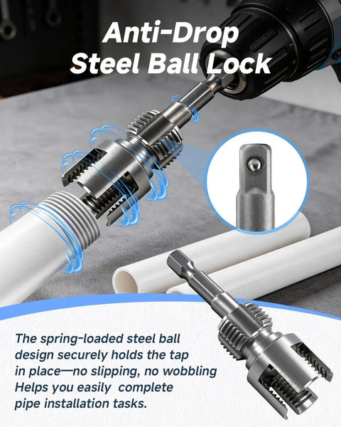 Two In One Pipe Tapping And Threading Kit for PVC pipes with anti-drop steel ball lock showcased on a workbench.
