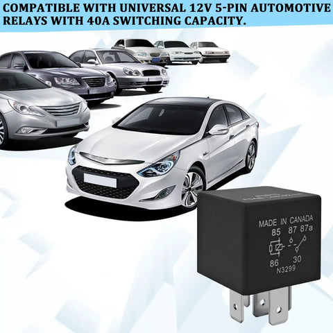 12V 5 Pin Fuel Pump Relay for Ford F-150, Explorer, Expedition, Transit - Heavy-Duty Automotive Relay Pack for a Stable Ride-Ready Electrical System, Fast Start, 40A Load, 2 Pack OE Style Replacement, black 5-pin relay shown with cars
