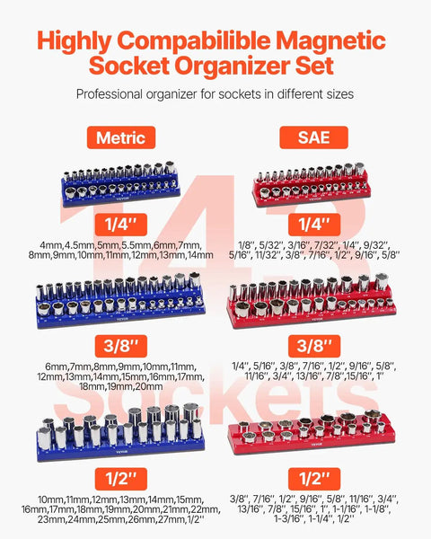 Top Tier Magnetic Socket Organizer Set Featuring Six Heavy Duty Holder Trays Compatible With 1/4 3/8 1/2 Inch Metric Sae Drives To Grip Up To 143 Standard Deep Sockets For A Smooth Shop Setup
