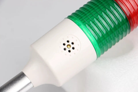 Close-up of 24V LED Indicator Lights For Industrial Machines And Tooling, showing red/green signal alarm light with buzzer tower