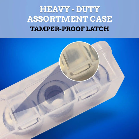Close-up of a heavy-duty assortment case with tamper-proof latch showing secure locking mechanism.