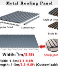 Metal roofing panel with snap joints and customizable lengths for outdoor sheds, featuring hardcore aluminum cladding.