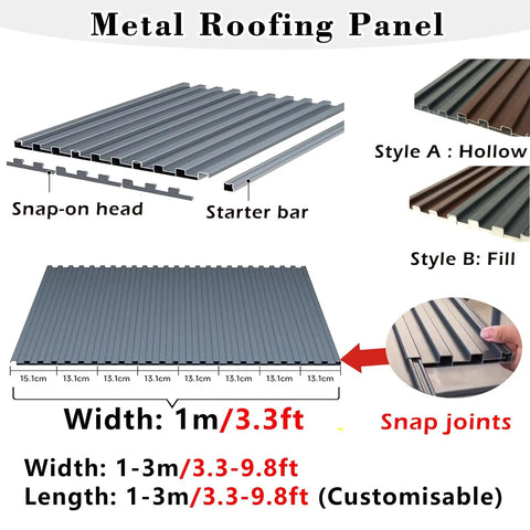 Metal roofing panel with snap joints and customizable lengths for outdoor sheds, featuring hardcore aluminum cladding.