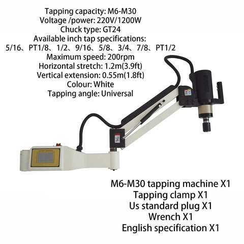 M6-M30 Heavy Duty 1200W Electric Tapping Machine with universal angle, touch screen, and white finish for precision drilling.