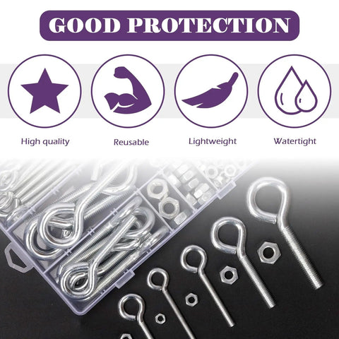 Carbon Steel Eye Bolt Screw And Nut Assortment Kit With Five Sizes 116 Pieces For Ornaments Toys Crafts Gifts And Hanging Objects From Walls Or Wooden Handles. Open box with eye bolts and hex nuts