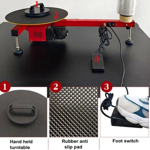 Heavy Duty Electric Stretch Film Packaging Machine With Quick Spin Turntable And Beast Mode Motor Drive, showing foot switch and turntable details.