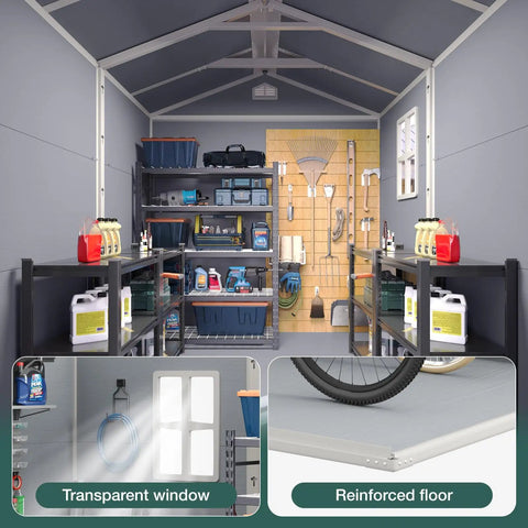 Interior of 8x6 Ft Outdoor Resin Storage Shed With Window And Floor Lockable Doors Waterproof Plastic Tool Shed With Sloped Roof