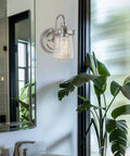 Mason 10 Inch Modern Farmhouse Wall Sconce With Seeded Glass Jar Shade, Industrial Gooseneck Light in bathroom setting