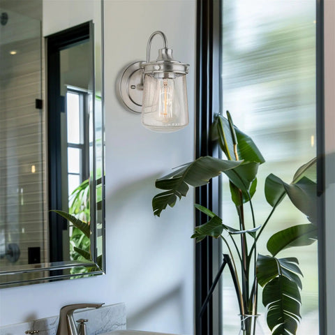 Mason 10 Inch Modern Farmhouse Wall Sconce With Seeded Glass Jar Shade, Industrial Gooseneck Light in bathroom setting