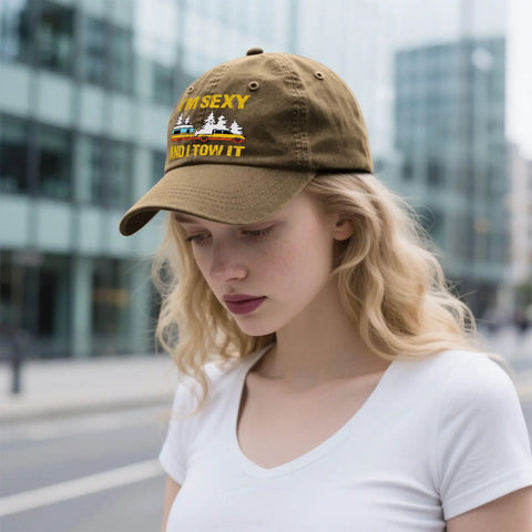 Model wearing Funny Vintage Camping Hat For Men I Tow It Cap with Adjustable Strap, outdoor urban background