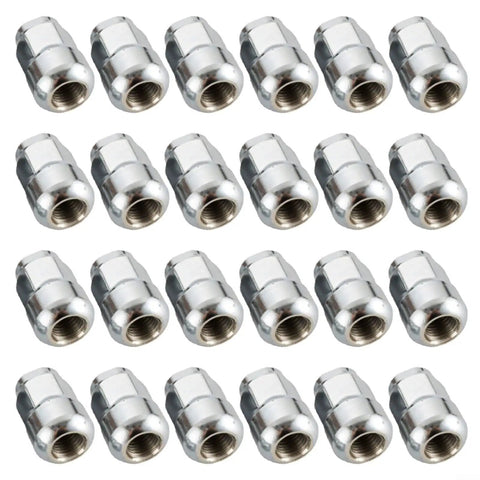 24 Pack Silver Chrome Lug Nuts That Rock Your Wheels, Heavy Duty Steel Thread Repair Kit For Trucks And Cars, Tough High Strength Screws Built To Last Without The Hassle Of Custom Fitting. 24 lug nuts on white background