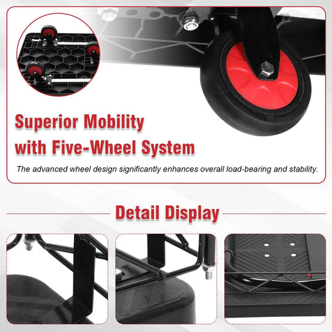 2-in-1 Folding Flatbed Cart With Removable Cage, Heavy Duty Platform Truck For Home And Workshop, Built To Haul Big Loads, Quick Switch To Flat Cart For Bulky Items, Durable PP And Steel Construction five-wheel detail