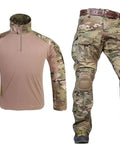 Built Tough Multicam Combat Pants With Padded Knees And Ten Spacious Tactical Pockets Breathable Cotton Polyester Blend Bdu Rig, showcased with tactical shirt.
