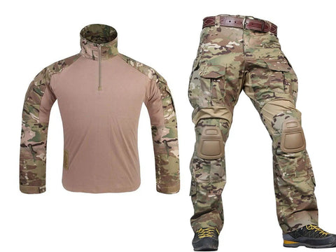 Built Tough Multicam Combat Pants With Padded Knees And Ten Spacious Tactical Pockets Breathable Cotton Polyester Blend Bdu Rig, showcased with tactical shirt.