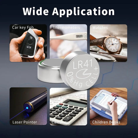 Premium Leak Proof LR41 Button Batteries AG3 Alkaline Cells 10 Pack visible in various applications including watches, thermometers, and calculators.