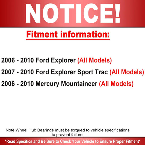 Front Wheel Bearing And Hub Assembly 5 Lug With ABS Fits Ford Explorer 2006 To 2010 All Models Explorer Sport Trac 2007 To 2010 Mercury Mountaineer 2006 To 2010 All Models Low Noise And Smooth Ride Direct Replacement fitment information notice