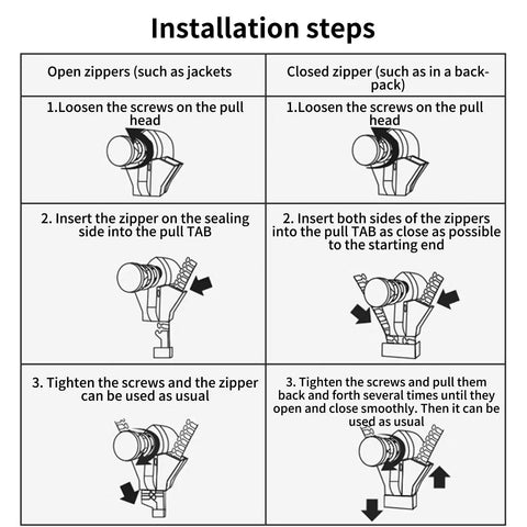 Installation steps for Zipper Repair Kit Puller Replacement Tool Three Piece Set With Easy Grip Design showing open and closed zippers.