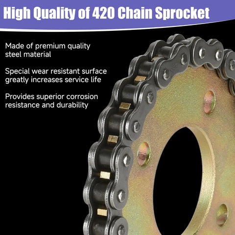 Close-up of Beefed-Up 420 Chain Sprocket Kit showing steel material and chain engagement features for durability.