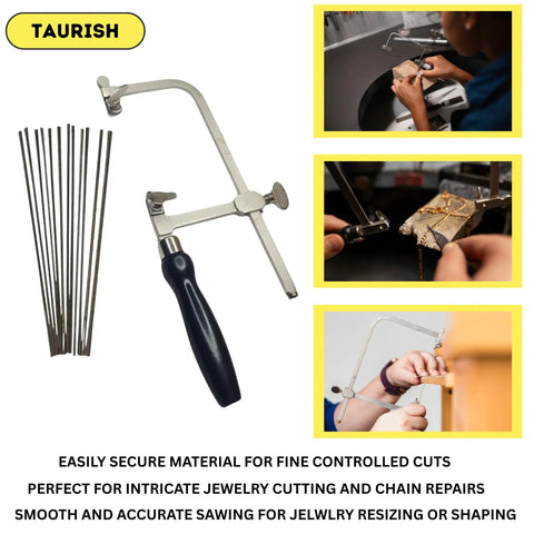 German Style Jeweler's Saw Frame With 144 Assorted Blades Adjustable Tension Great For Woodworking Jewelry Making Crafting And Hobby Projects Provides Versatile Cutting For Small Details And Fine Artwork, shown with close-up of usage in detailed craftsmanship.