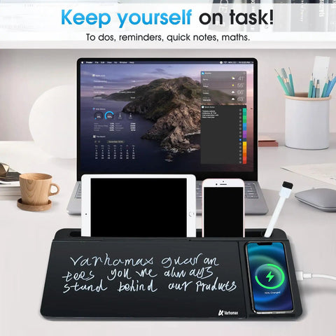 Glass Desk Whiteboard With Wireless Charger Stand, Dry Erase White Board With Built In Storage And To Do List Memo Notepad, showing phone charging