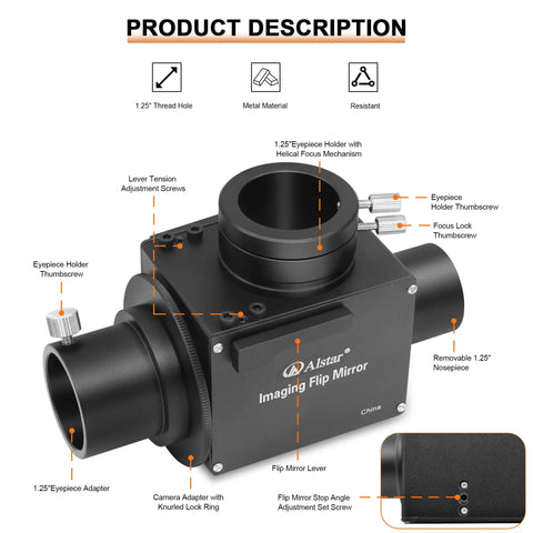 1.25 Inch Flip Mirror For Telescope Eyepiece And Camera Adapter, Auto Centering For Precise Focusing product view with labels