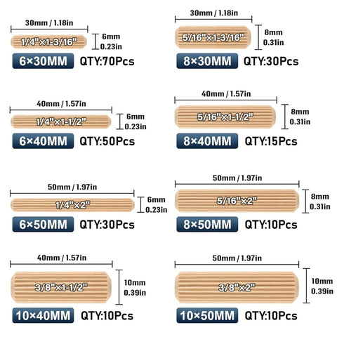 Diagram showing sizes and quantities of Big Pack Of 225 Dope Wood Dowels Kit In 1/4 5/16 3/8 Inch Eight Sizes for woodworking crafts.