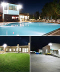 3 Pack 100W LED Flood Lights Outdoor That Lights Up Big Spaces With 11600 Lumens illuminating pool, garden, and driveway at night