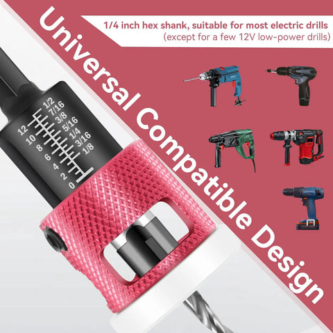 Five Piece Countersink Drill Bit Set With Low Friction Depth Stop For Woodworking, HSS M2 Tapered Bits And Carbide Bits, One Quarter Inch Hex Shank, includes universal compatible design with measuring scale, drill bit in focus