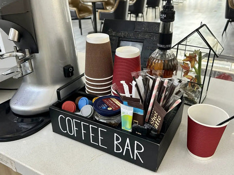 Farmhouse Style Wooden Coffee Station Organizer For Countertop With Handle, Four-Compartment Coffee Bar Accessories Holder