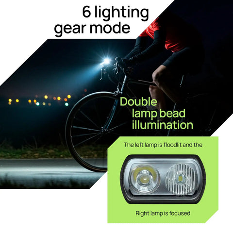 Cyclist using Front And Back Bike Light Kit R15 USB C Rechargeable Auto Brake Sensing 500 Lumen Waterproof Headlight at night.