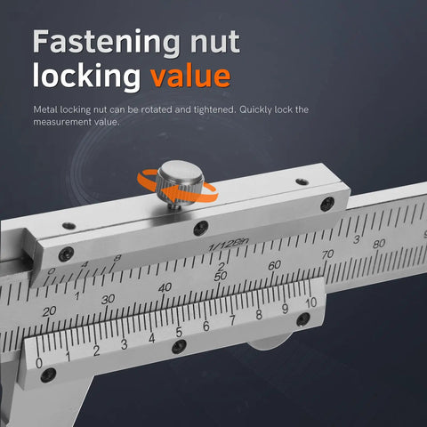 Close-up of the fastening nut on Six Inch Vernier Caliper Measuring Tool With Dual Imperial And Metric Scale, Fractional Inch Readout.