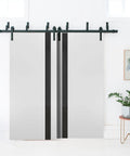 Interior Barn Bypass Sliding Doors With Black Glass And Solid Wood, White Finish, 36 By 96 Inches, Modern Style, Double Doors With Pro Grade Hardware Pack For Easy Install And Smooth Glide.