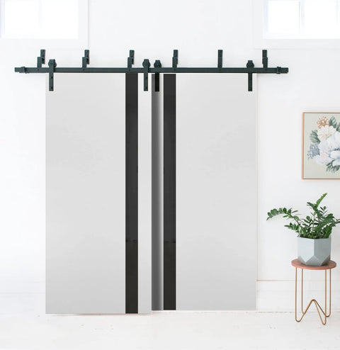 Interior Barn Bypass Sliding Doors With Black Glass And Solid Wood, White Finish, 36 By 96 Inches, Modern Style, Double Doors With Pro Grade Hardware Pack For Easy Install And Smooth Glide.