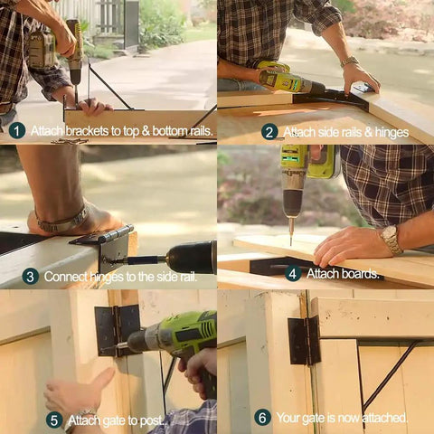 Heavy Duty Corner Brace Gate Bracket No Sag Kit for Shed Doors Driveway Gates installation process shown in six steps