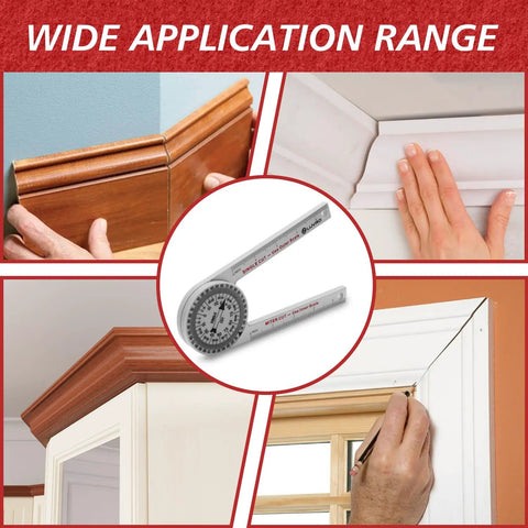 Precision Miter Angle Finder With Dual Rulers For Crown Molding And Baseboard Carpentry in use on various corners.