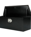 Heavy Duty 35 Inch Black Powder Coated Steel Truck Tool Box With Waterproof Drip Lid And Secure Lock for gear storage with lid open.